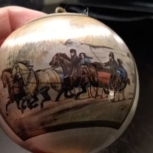 Vintage Currier & Ives satin ball Christmas ornament